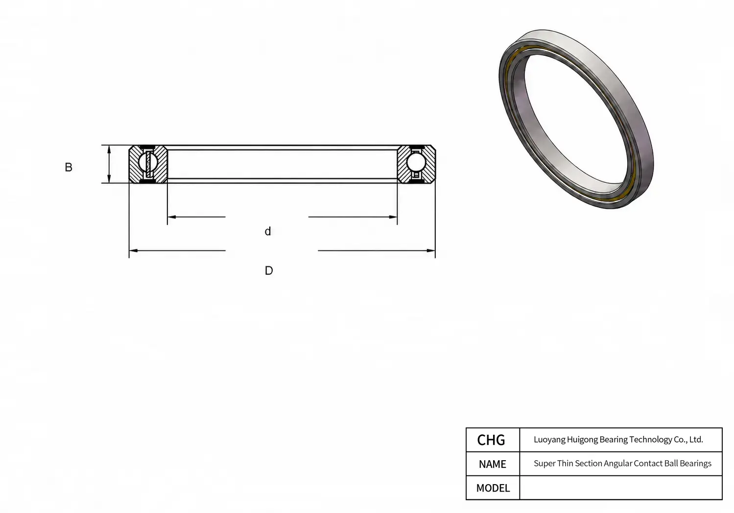 CAD Drawing and Dimensions for HKS16003AS0 Super Thin Section Angular Contact Ball Bearings