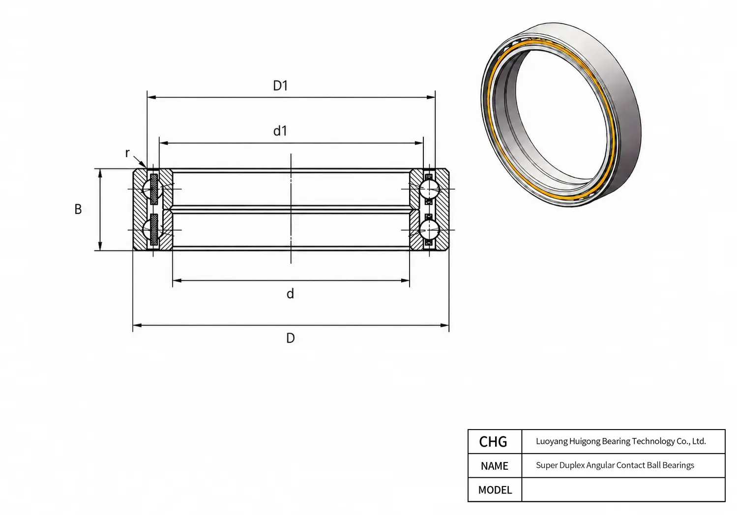 CAD Drawing and Dimensions for HWAA896HP4 Super Duplex Angular Contact Ball Bearings