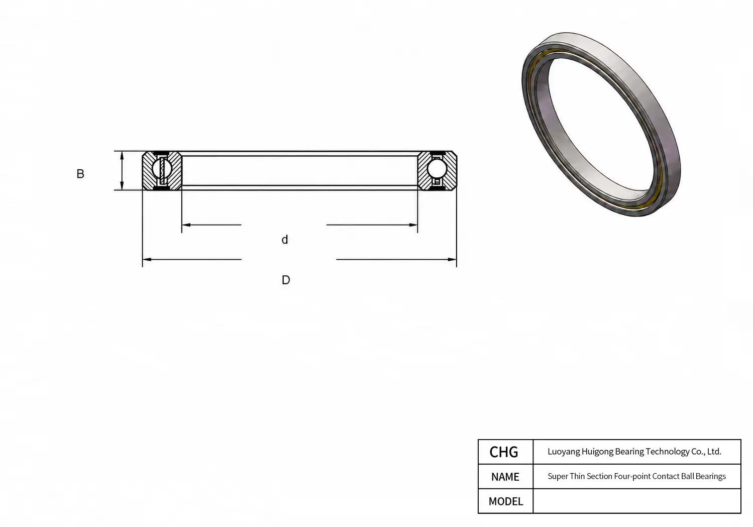 CAD Drawing and Dimensions for HKS10003XS0 Super Thin Section Four-point Contact Ball Bearings