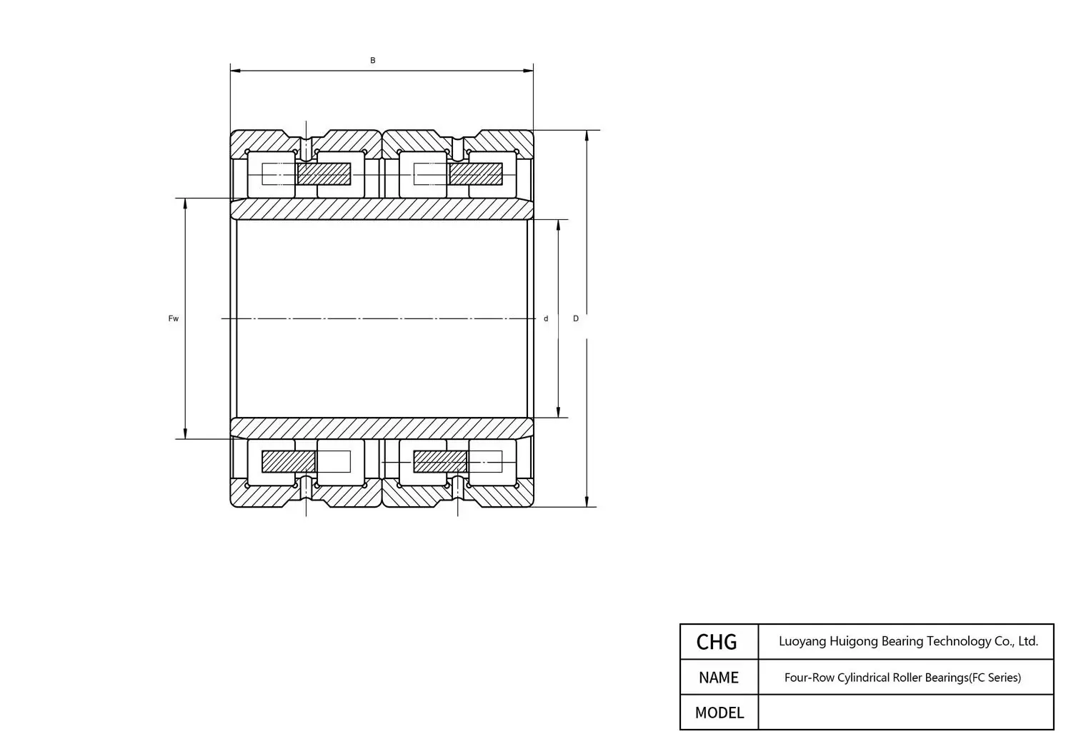 CAD Drawing and Dimensions for 109FC81580 Four-Row Cylindrical Roller Bearings