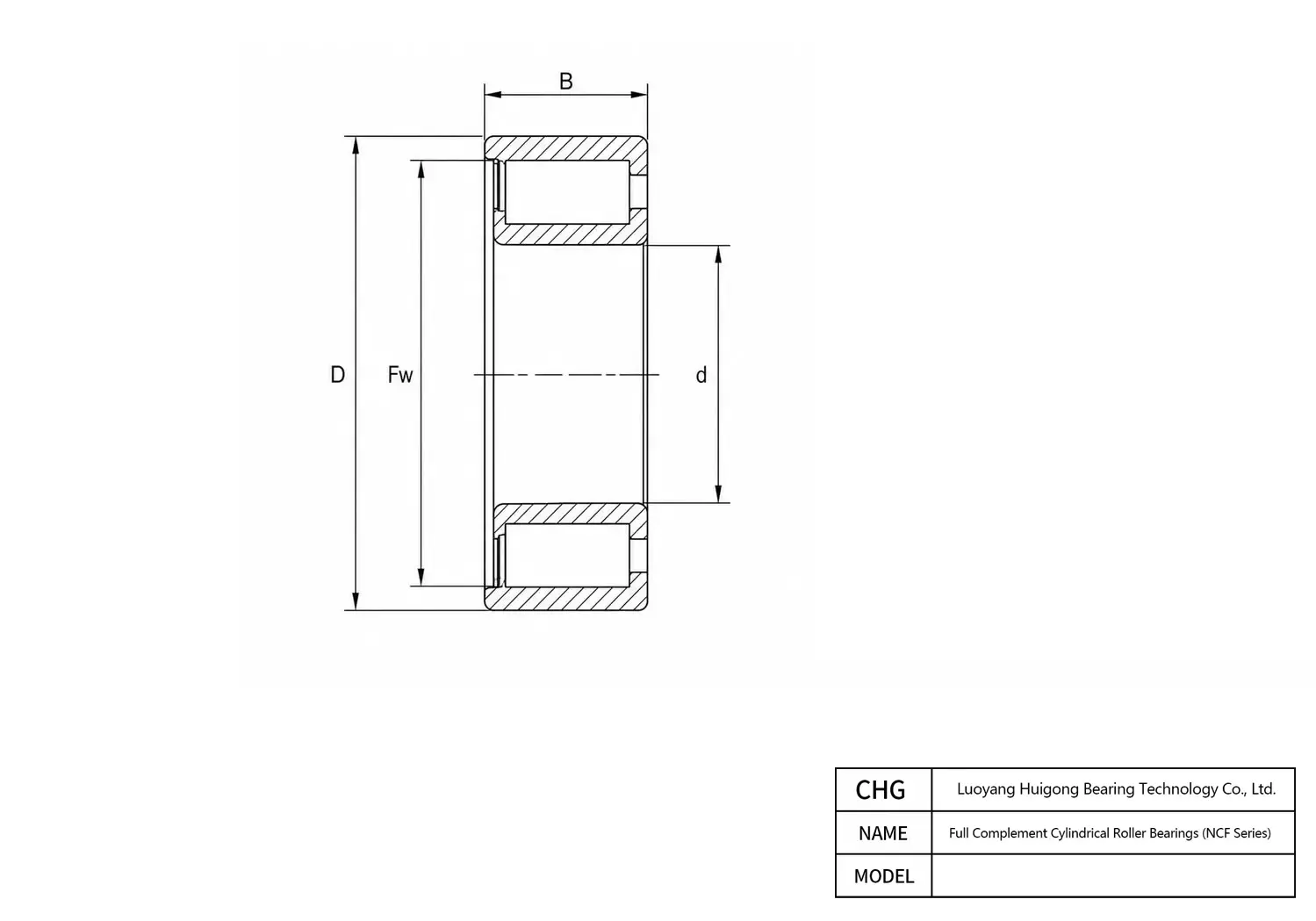 CAD Drawing and Dimensions for NCF1876V Full Complement Cylindrical Roller Bearings