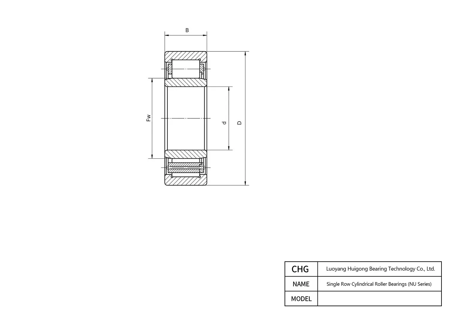 CAD Drawing and Dimensions for NU1022 Single Row Cylindrical Roller Bearings