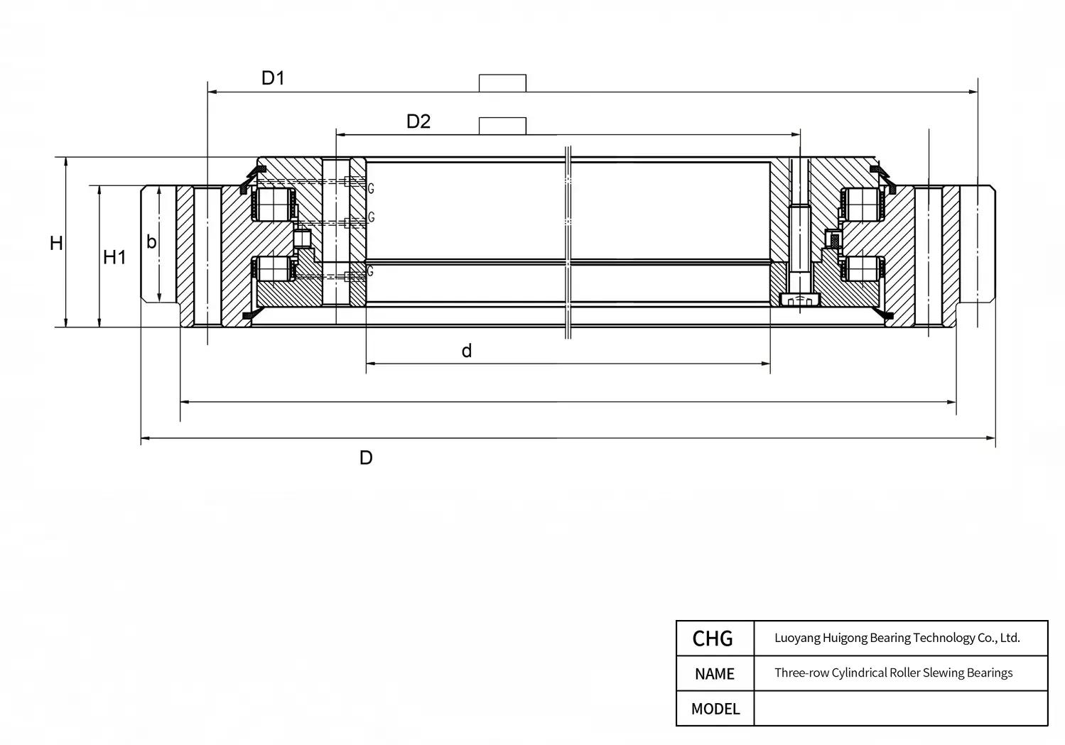 CAD Drawing and Dimensions for 5397/2135K Three-row Cylindrical Roller Slewing Bearings